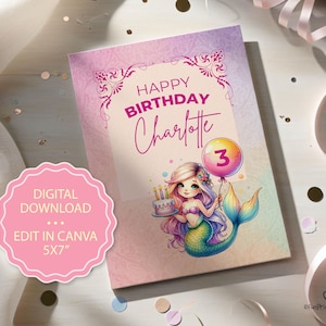 de Carte d'anniversaire de 3e sirène | 3ème carte d'anniversaire | de joyeux anniversaire de sirène | Téléchargement numérique modifiable | Modèle de carte sur toile
