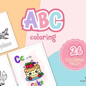 Puede incluir: Un conjunto de 26 páginas para colorear que presentan el alfabeto, con cada letra representando un objeto diferente. Las páginas son en blanco y negro e incluyen ilustraciones de un avión, un pastel y un zorro.