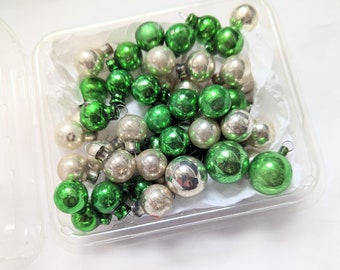 Vintage Feather Glass Ornament Lot Small Green and Silver Mercury Glass Balls, Christmas Supply 50 Total