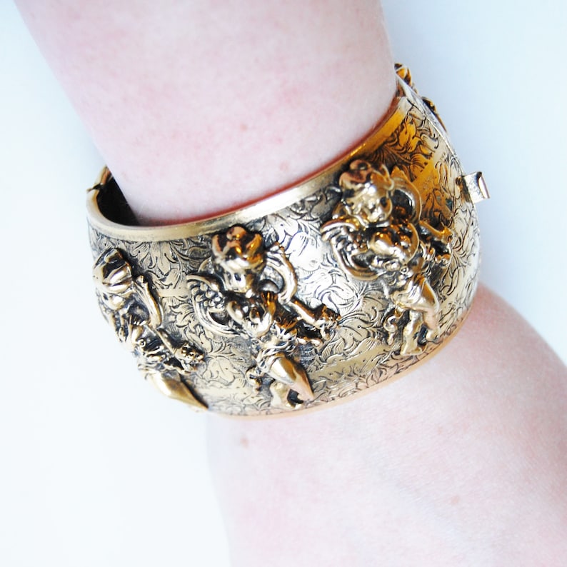 Vintage Freirich Cherub Hinged Cuff Bracelet Victorian Revival 1960s Wide Gold Tone