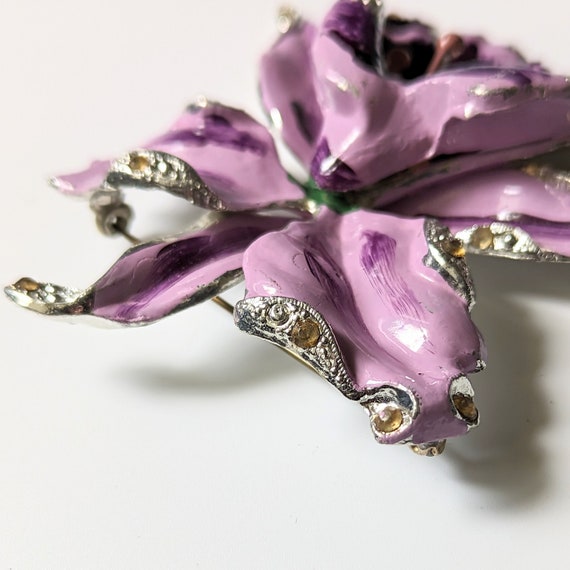 Vintage REINAD Orchid Brooch 1940s Purple Enamel … - image 10