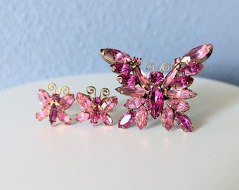Vintage Juliana D & E Rhinestone Butterfly Brooch and Earrings Set Pink 1960s