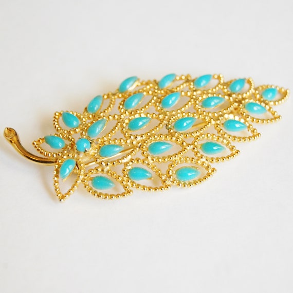 Vintage 70s Ornate Brooch Faux Persian Turquoise … - image 5