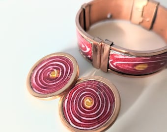 Vintage 1950s Matisse Renoir Bracelet Enamel on Copper Cuff Bracelet and Earring Set Mid Century Modernist