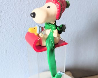Vintage Xmas 1978 Hallmark Snoopy Stocking Hanger Woodstock on Sled