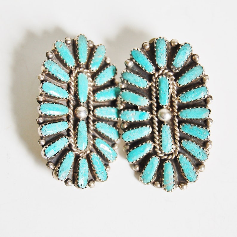 Vintage 1960s Native American Sterling Silver Earrings Turquoise Petit Point Zuni Signed Large Southwestern Chic