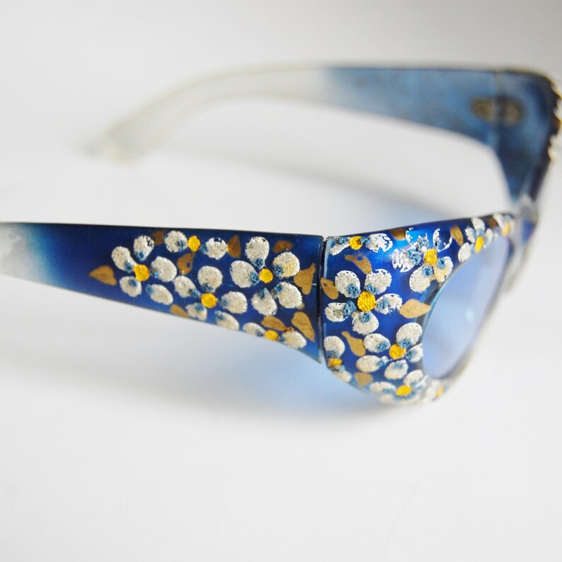 1950s Samco Italy Sunglasses Blue Cat Eye Vintage Lucite Hand Painted Flowers