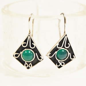 Vintage 1970s Mexican Silver Earrings Dangles with Green Cabochon Stones