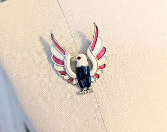 Vintage Enamel Bald Eagle Brooch 1960s Patriotic USA Red White Blue Rhinestone Eye