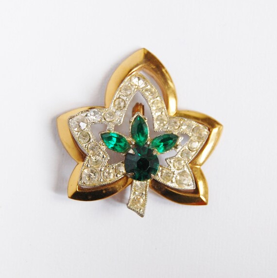 Vintage Brooch Leaf Emerald Green Rhinestones 194… - image 6