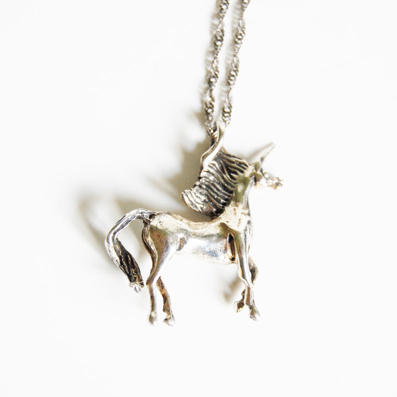 Vintage Unicorn Pendant Necklace Sterling Silver 1980s 18 Inch Chain 925 image 2