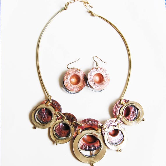 Vintage 1980s Artsy Necklace and Earring Set Mixe… - image 3