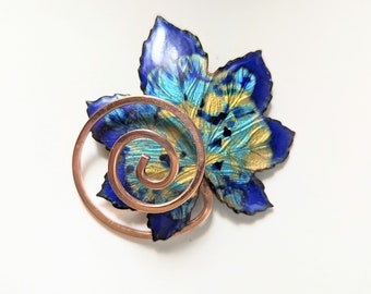 Vintage 1950s Matisse Renoir Blue Enamel Leaf Brooch Copper Swirl