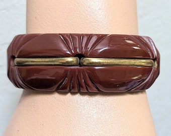 Vintage Dark Brown Bakelite Hinged Clamper Cuff Bracelet 1940s with Brass