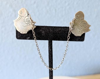1930s Sterling Silver Duck Bib Clips, Vintage Sweater Guard