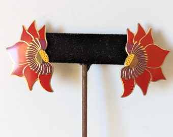 Vintage 1980s Laurel Burch Red Lotus Cloisonne Enamel Earrings