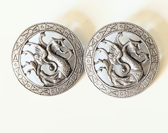 Vintage Pewter Dragon Buttons Pair Metal