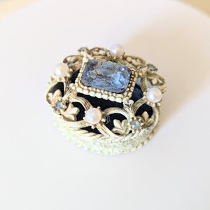 Vintage 1960s Rhinestone Florenza Vanity Ring Box Blue and White Faux Pearl