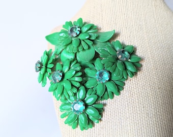 Vintage 1950s Green Plastic Flower Brooch Novelty Pin Huge