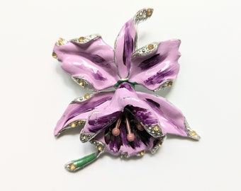 Vintage REINAD Orchid Brooch 1940s Purple Enamel Large and Rare