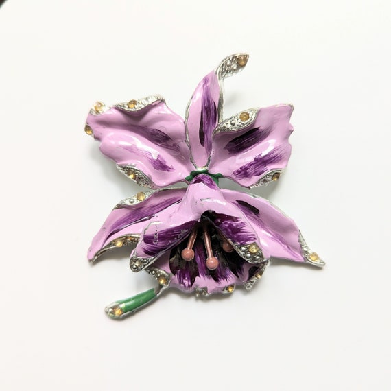 Vintage REINAD Orchid Brooch 1940s Purple Enamel … - image 1