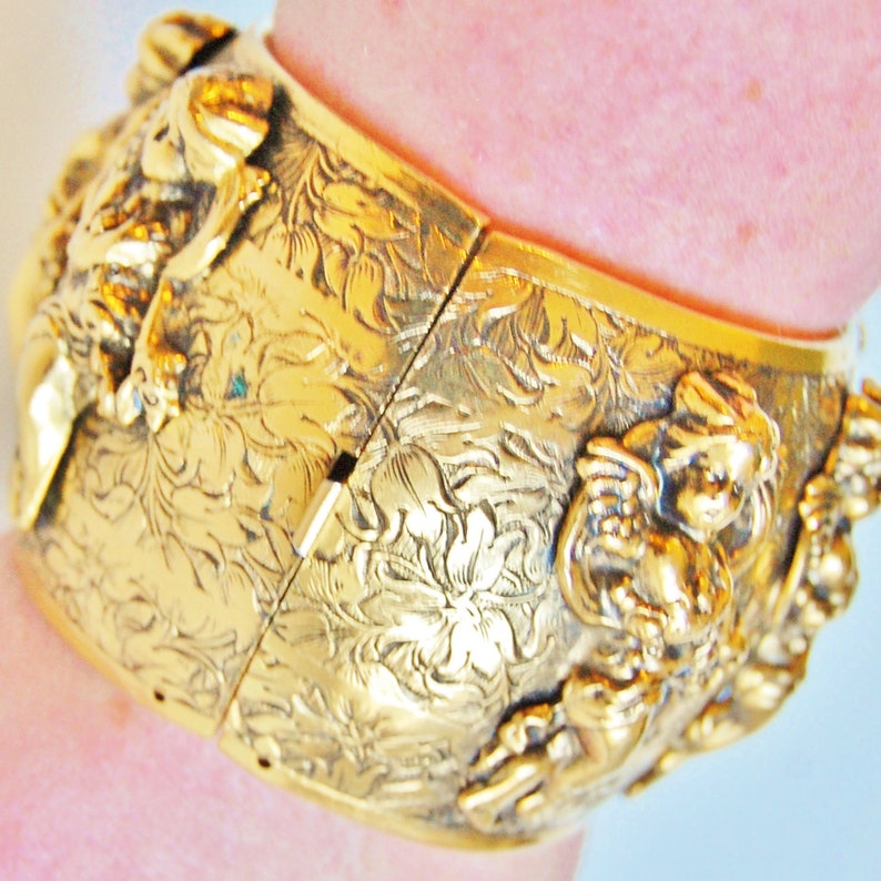 Vintage Freirich Cherub Hinged Cuff Bracelet Victorian Revival 1960s Wide Gold Tone