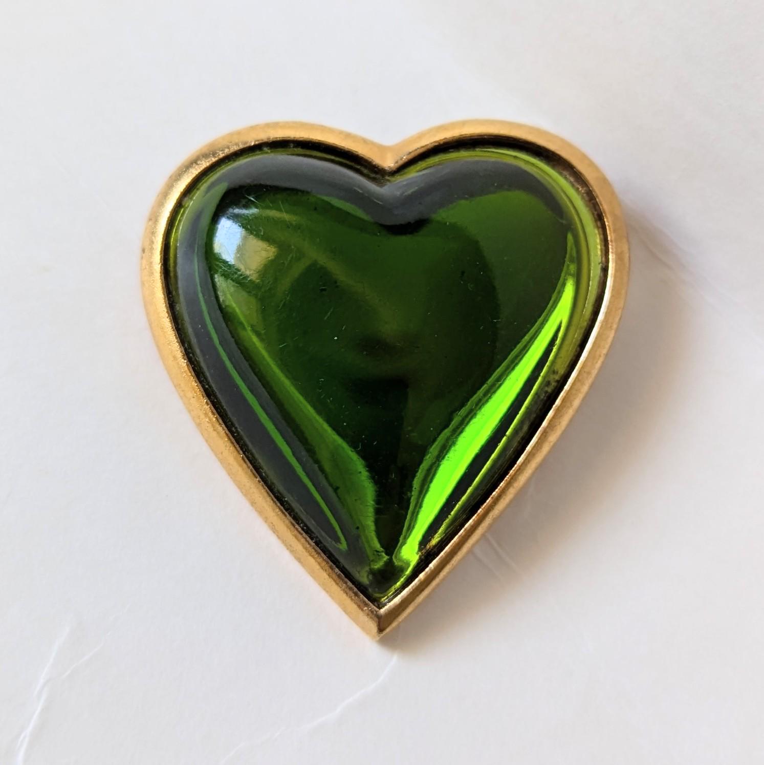 Vintage Yves Saint Laurent YSL Green Heart Brooch Large Size 1980s
