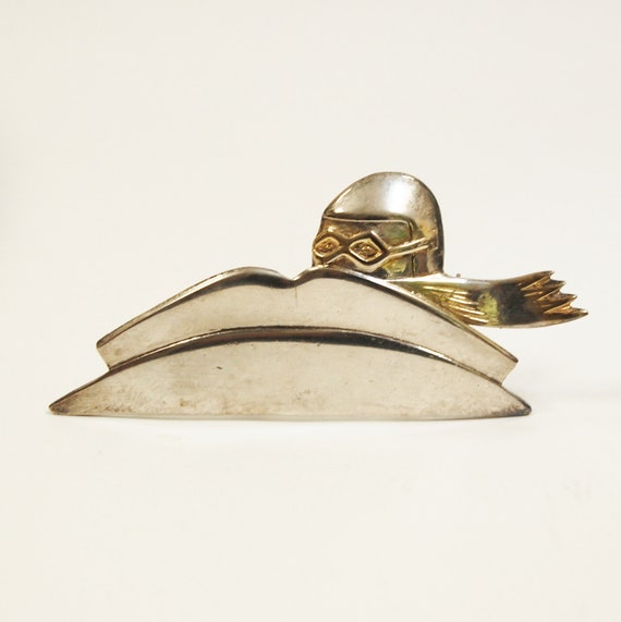 Vintage 1980s Aviator Brooch Art Deco Style Silve… - image 1