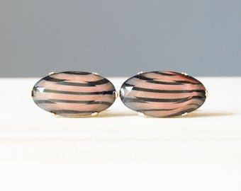 Vintage 1960s Swank Striped Pink and Black Glass Cufflinks Goldtone