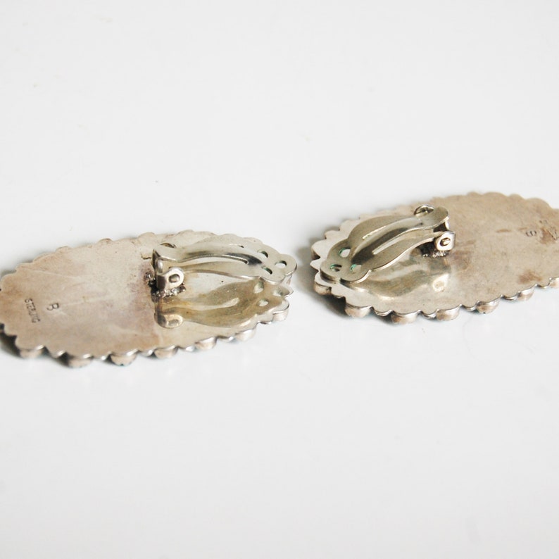 Vintage 1960s Native American Sterling Silver Earrings Turquoise Petit Point Zuni Signed Large Southwestern Chic