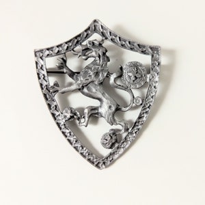 Vintage 1960s Lion Crest Shield Brooch Pewter Medieval Style