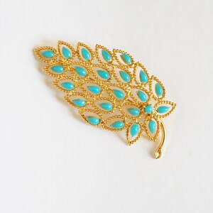 Vintage 70s Ornate Brooch Faux Persian Turquoise Gold Tone Leaf