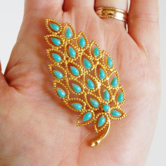 Vintage 70s Ornate Brooch Faux Persian Turquoise … - image 4