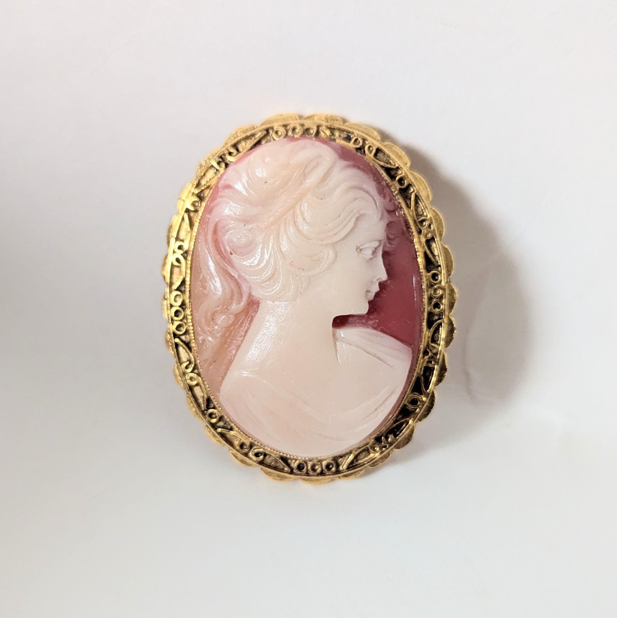 Vintage Brooch of Woman High Relief Faux Cameo 1970s