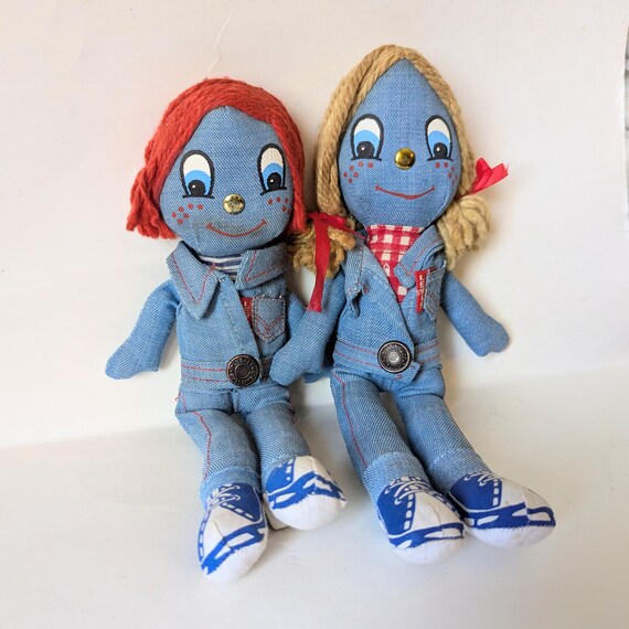 Vintage 1970s Levis Denim Rag Dolls Girl and Boy Vintage 1970s Levis Denim Rag Dolls Girl and Boy