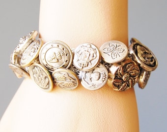 Vintage 1950s Button Bracelet Old Lot of 23 Silver Tone Metal Picture Lurex Cuff