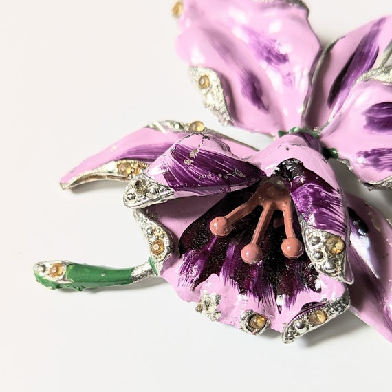 Vintage REINAD Orchid Brooch 1940s Purple Enamel … - image 5