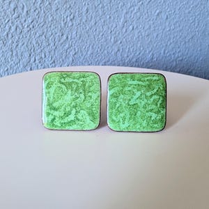 May include: A pair of square earrings with a marbled green design. The earrings have a dark brown border and a light green background. The earrings are displayed on a white surface with a blue textured background.