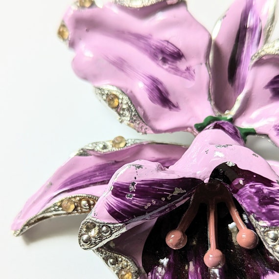 Vintage REINAD Orchid Brooch 1940s Purple Enamel … - image 7