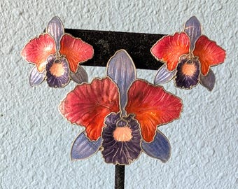 Vintage Cloisonne Flower Brooch and Earring Set, Red & Purple Orchid