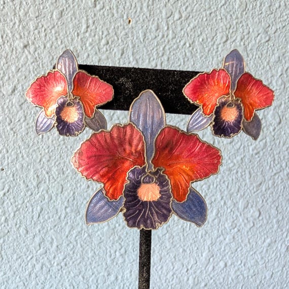 Vintage Cloisonne Flower Brooch and Earring Set, Red & Purple Orchid