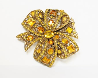 Vintage Rhinestone Bow Brooch 1930s Mustard Amber Colored Stones Large Pot Metal