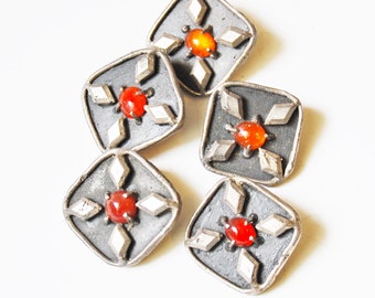 Vintage Buttons Medieval Artsy Metal Lot of Five 1960s Glass Cabochon