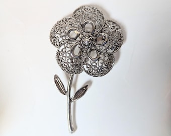 Large Vintage Flower Brooch Silver Tone Filigree 1960s 70s with Stem
