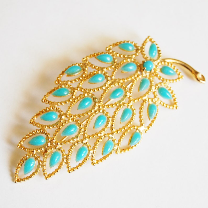 Vintage 70s Ornate Brooch Faux Persian Turquoise Gold Tone Leaf image 6