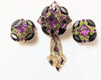 Vintage Rhinestone Brooch and Earrings Set Estate Sale Find