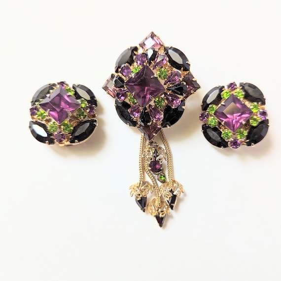 Vintage 1960s Rhinestone Brooch and Clip Earrings Set