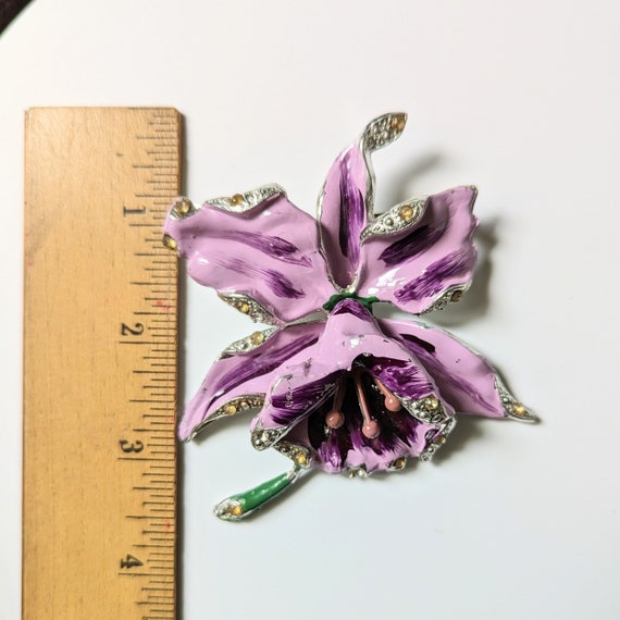 Vintage REINAD Orchid Brooch 1940s Purple Enamel … - image 3