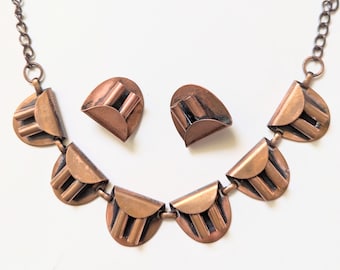 Vintage 1950s Modernist Copper Necklace and Earring Set Mid Century Collar
