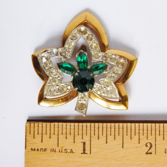 Vintage Brooch Leaf Emerald Green Rhinestones 194… - image 5